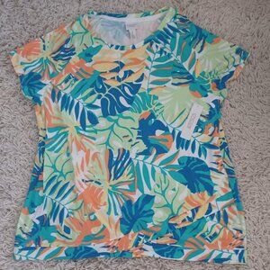 Chico’s Weekends 2 L Lush Foliage Tulip Tunic Top NWT Tropical Beach Blue